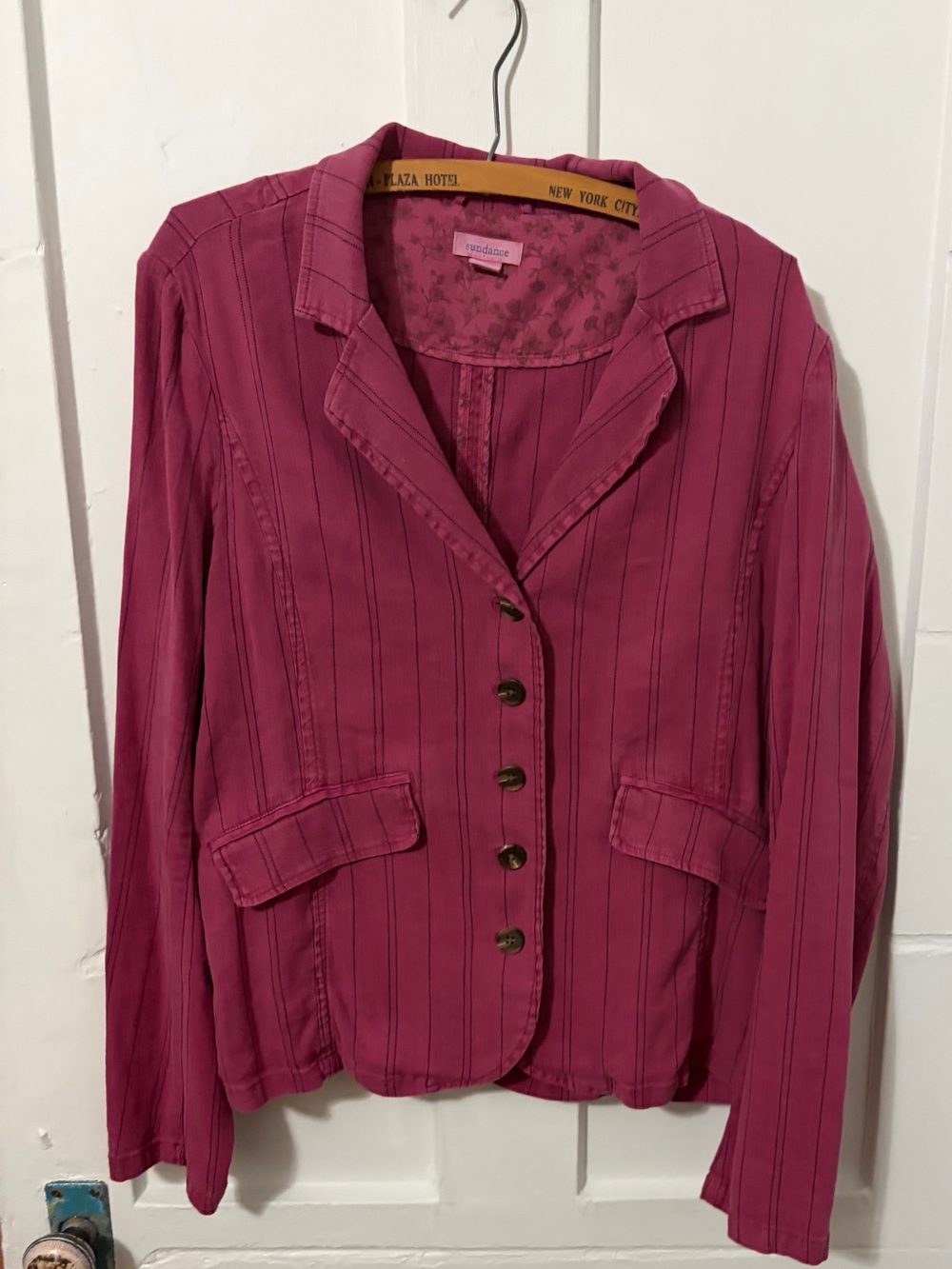 Sundance Pin Striped Linen-Blend Blazer Women's Small Fuchsia Long Sleeve